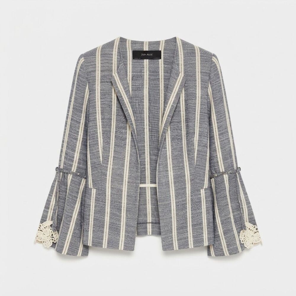 ZARA Zara Basic Gray & White Striped Open-Front Jacket with Lace Trim Bell Sleev